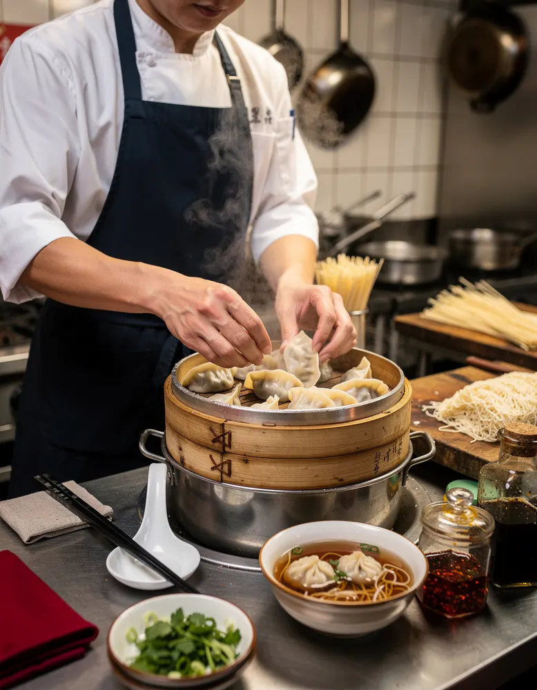 a chef placing freshly folded dumplings into a bamboo steamer over rising steam