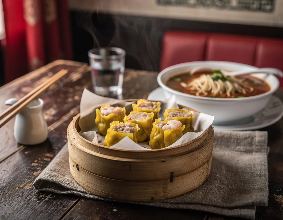 siu mai dumplings with visible minced pork and prawn filling in cup-shaped wrappers on a bamboo steamer