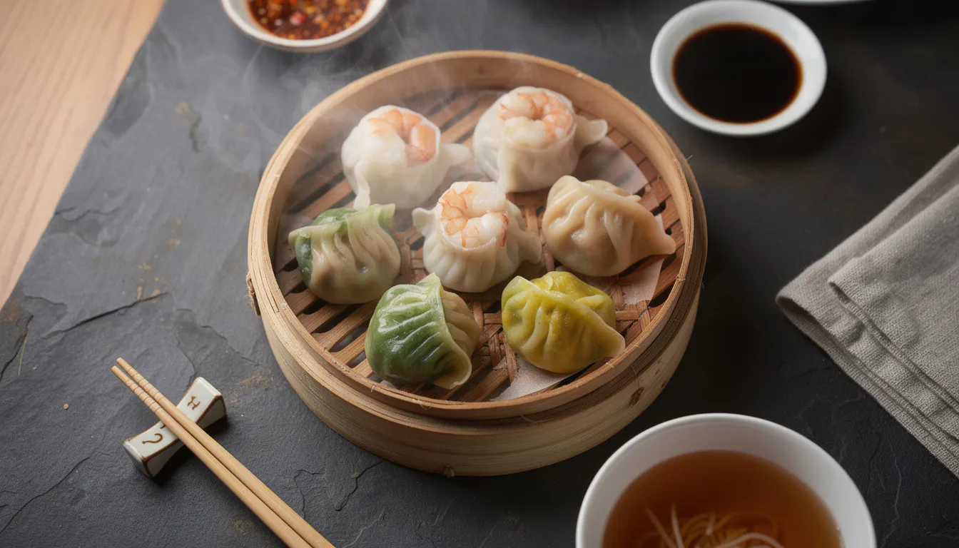 overhead view of a bamboo steamer filled with assorted handmade dumplings on a dark stone table