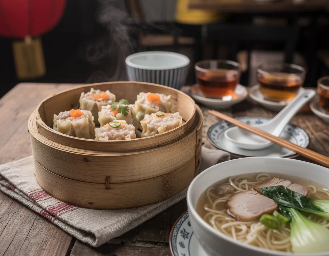siu mai dumplings with visible minced pork and prawn filling in cup-shaped wrappers resting in a bamboo steamer