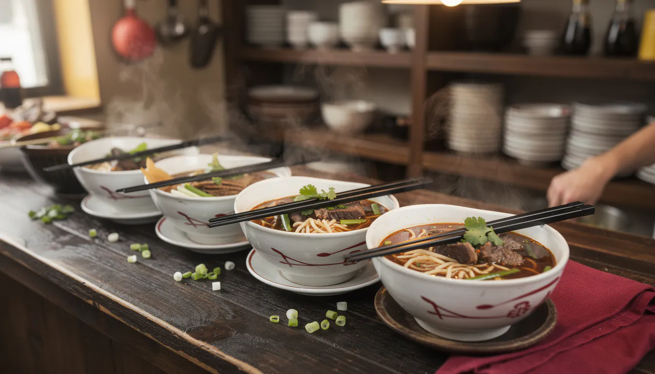 steaming bowls of Chinese noodle soup arranged on a dark wooden table with chopsticks and small dipping dishes