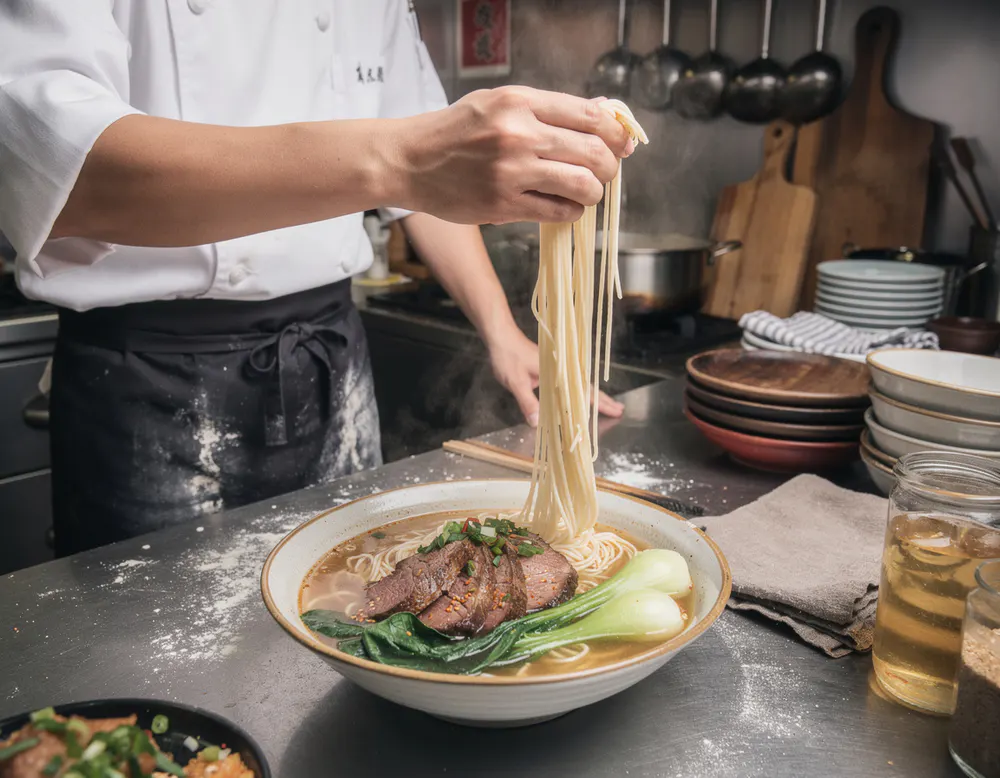 Close-up of a steaming bowl of Chinese noodle soup with hand-pulled noodles, braised beef and scallions in a dark ceramic bowl under warm light
