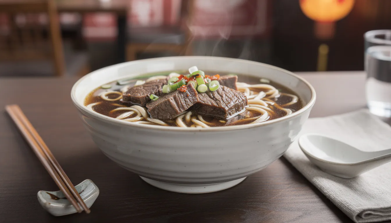 steaming bowl of traditional Chinese noodle soup with braised beef and scallions on a dark wooden table