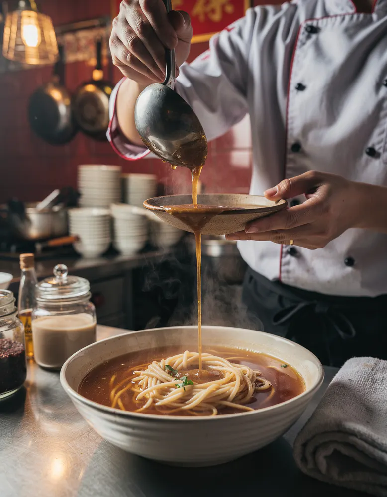 close-up of a chef ladling rich amber broth over fresh hand-pulled noodles in a ceramic bowl