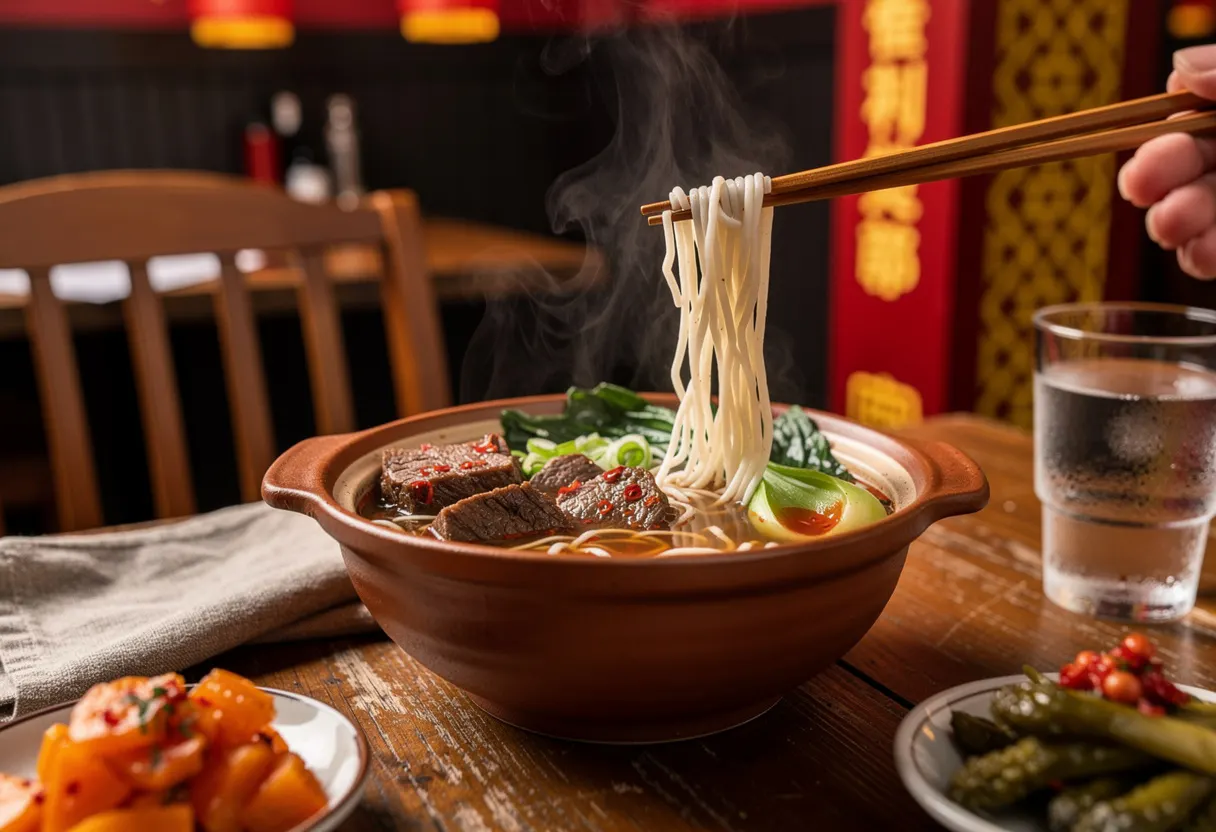 close-up of a steaming bowl of traditional Chinese noodle soup with hand-pulled noodles and braised beef in a clay vessel