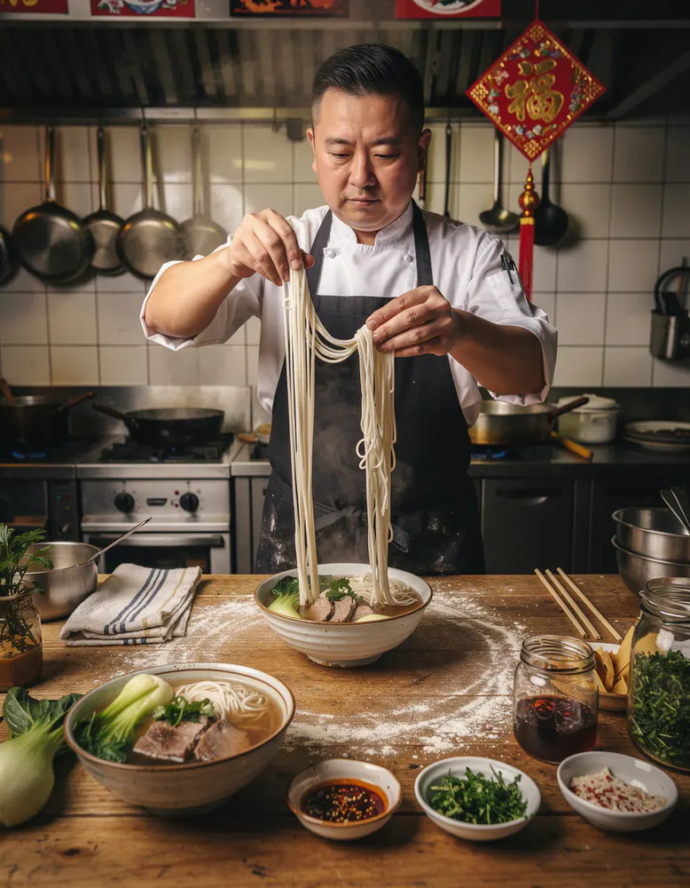 chef hand-pulling fresh Chinese noodles on a flour-dusted wooden workbench in a warm kitchen