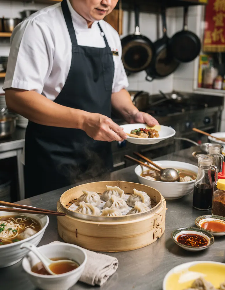 bamboo steamer basket of freshly folded dumplings resting on a stainless steel kitchen prep surface
