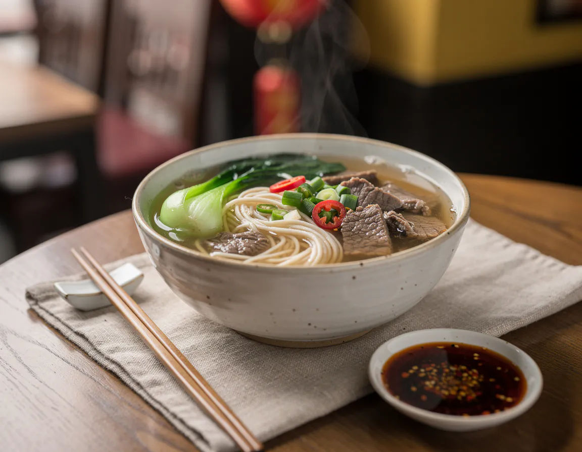 a set table with a steaming bowl of noodle soup, chopsticks, and a small dish of chili oil