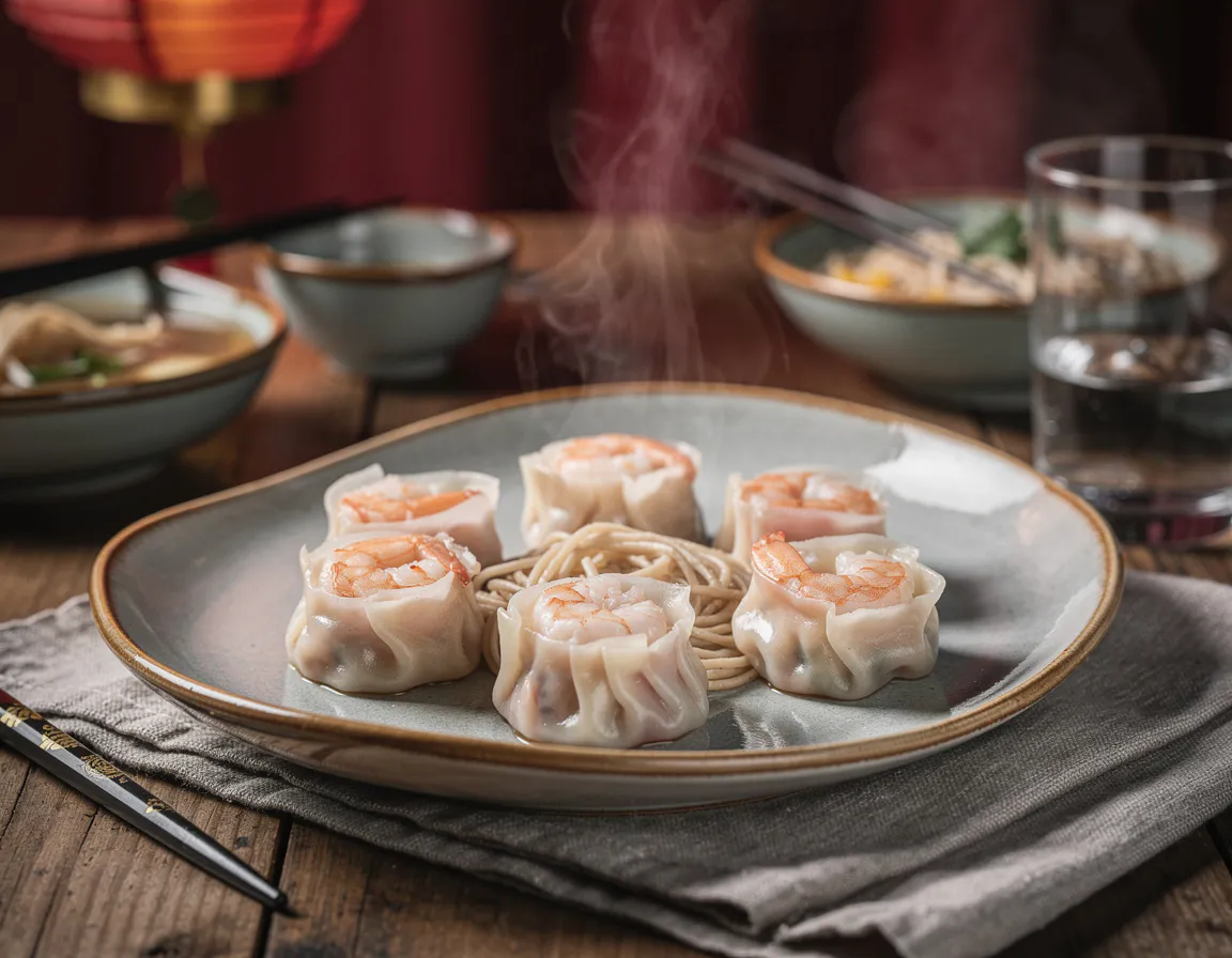har gau dumplings with translucent wheat and tapioca wrappers showing whole prawn filling on a ceramic plate