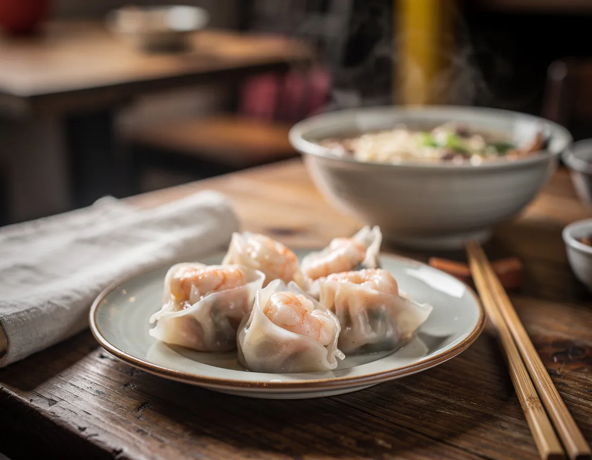 har gau dumplings with translucent wheat and tapioca wrappers showing prawn filling on a ceramic plate