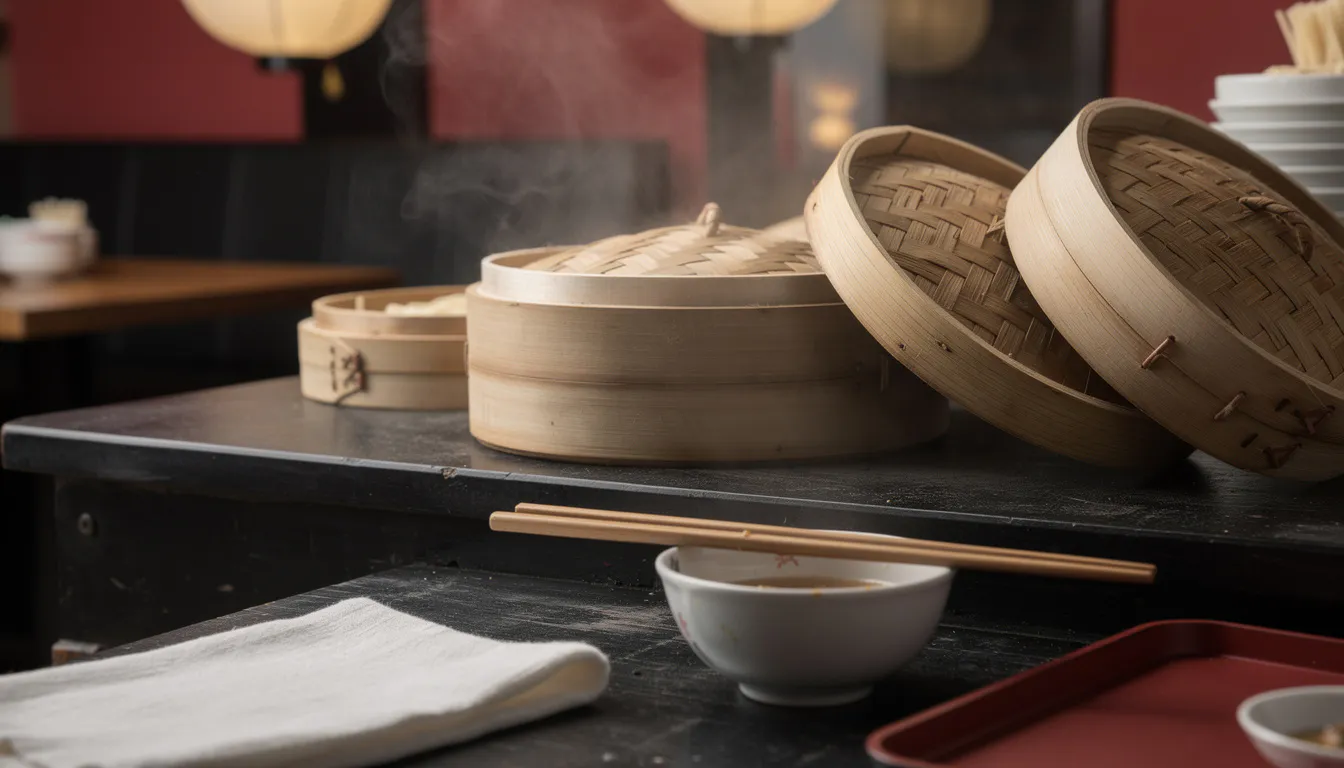 steam rising from a row of bamboo steamers stacked on a dark kitchen counter in a Chinese noodle house