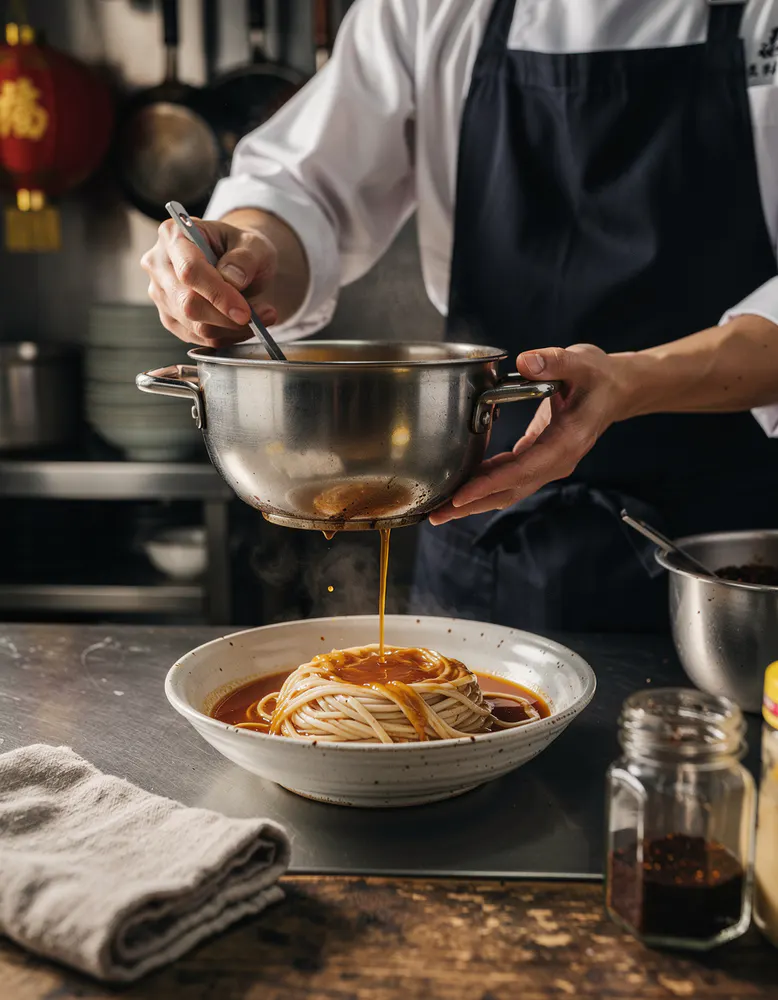 close-up of a chef hand-pulling fresh noodles over a floured wooden counter in a warm kitchen