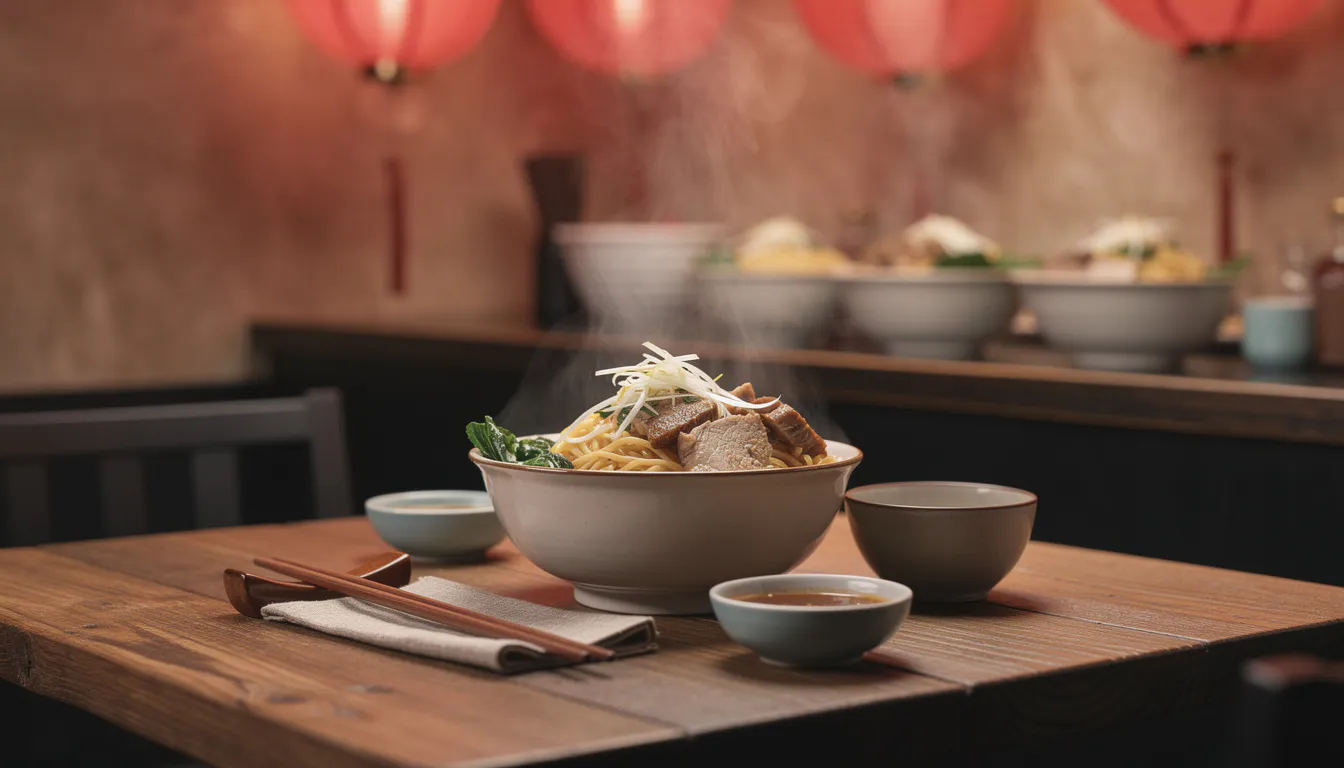 warm intimate interior of a Chinese noodle shop with wooden tables, red lantern light, and steaming bowls on a counter